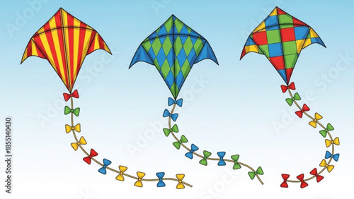 Colorful Kites in Sky: Three vibrant kites dance gracefully in the sky, their diverse designs and lively hues celebrating the freedom and joy of childhood, symbolizing play and imagination.