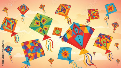 Kites in Flight: A vibrant array of kites soar through the air, their colorful designs creating a spectacle of joy and freedom, floating in the sky.