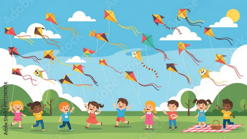 Skybound Whimsy: A vibrant scene where children run and laugh, their faces upturned towards the colorful kites that dance freely in the boundless sky. A perfect depiction of summer joy.