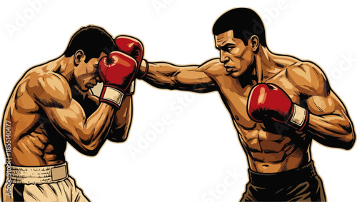 Two Male Boxers Fighting in Classic Vector Illustration, boxing match, two boxers, male boxers, boxing fight, punch action, boxing gloves, professional boxing, combat sport, sports illustration, 