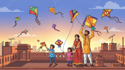 Kite Flying: Capturing the Joy of Family and the Freedom of the Skies: A vibrant depiction of a family's shared joy, as they launch colorful kites against the backdrop of a radiant skyline.