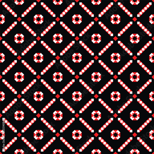 Geometric Pixelated Red and White Pattern on Black Background Texture