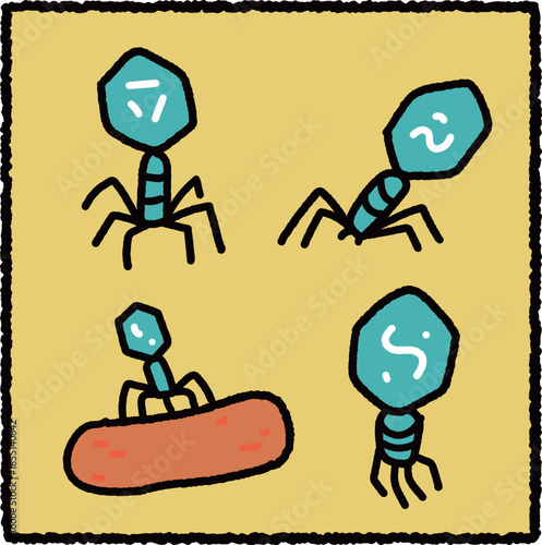 Cute Bacteriophage Cartoon Microbiology Illustration Set