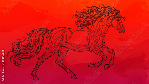 Vibrant red illustration of a running horse with flowing mane and tail on gradient background