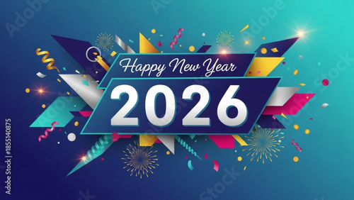 Happy new year 2026 celebration background with colorful confetti and fireworks on blue gradient