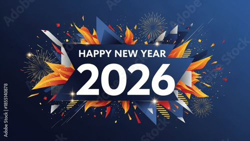 Vibrant happy new year 2026 celebration with fireworks and colorful confetti on dark blue background