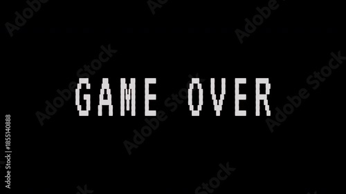 A pixelated game over screen with retro text animation appears on a black background. 4k text animated video.