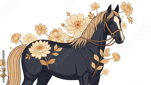 Beautiful black horse with beige mane and tail surrounded by floral pattern on white background for design