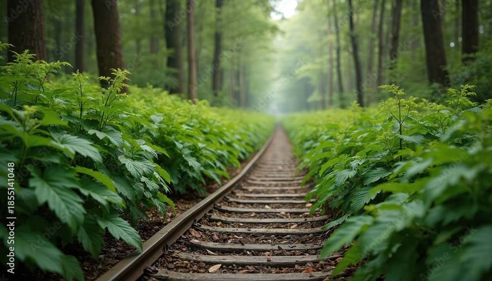 Obraz premium Abandoned railway track cuts through dense forest overgrown with rich green plants. Perspective leads down overgrown path towards misty, distant vanishing point, creating eerie, mysterious atmosphere.