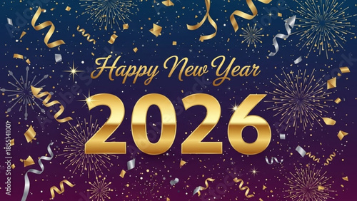 Happy new year 2026 celebration with gold numbers and fireworks on dark purple background with confetti