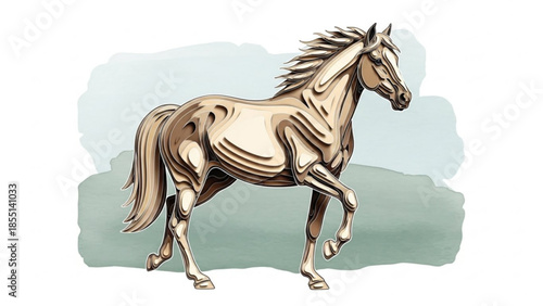 A beige muscular horse with a flowing mane and tail in motion on a green background, showcasing strength and power in a dynamic illustration