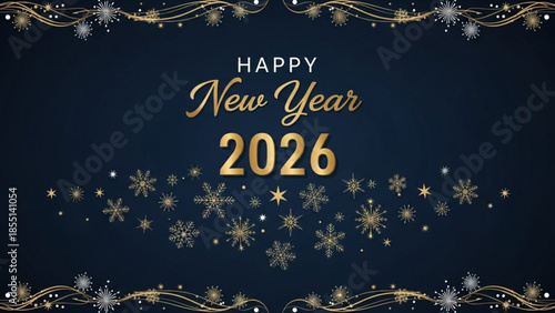 Happy new year 2026 gold text with snowflakes on dark blue background festive