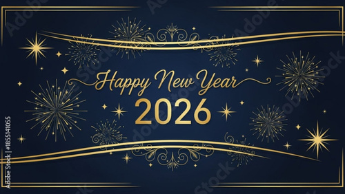 Happy new year 2026 celebration with gold fireworks on dark blue background with starry night sky and elegant gold lines