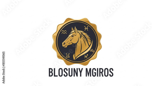 Golden horse head logo on black circle with astrological symbols and text blosuny mgiros on white background