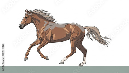 Brown horse running with wind in mane and tail on white background