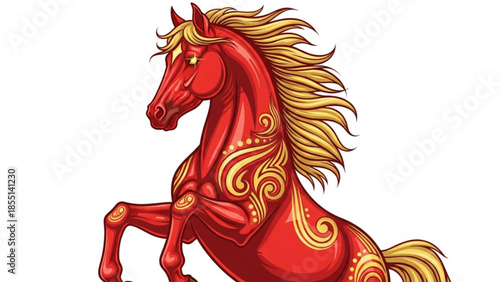 A vibrant red horse with golden mane and decorative swirls rearing up on hind legs in dynamic motion left against white