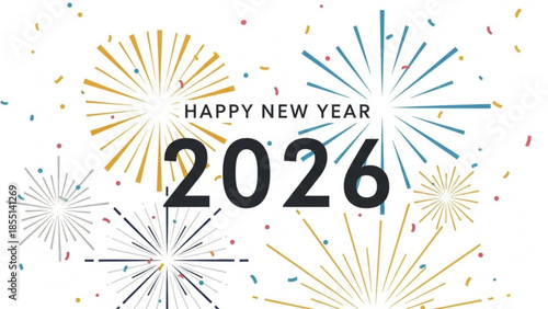 Happy new year 2026 celebration with colorful fireworks and confetti on white background