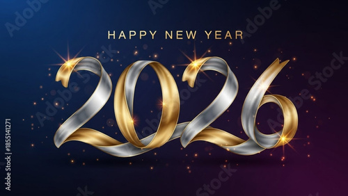 Happy new year 2026 celebration with shiny gold and silver numbers on dark background with sparkles