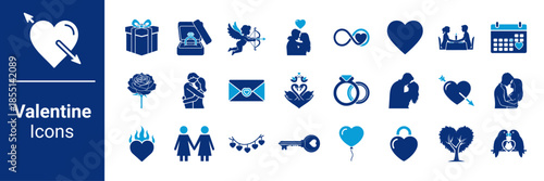 Valentine’s Day Icon Set Blue Romantic Love Symbols, Wedding Elements, and Couple Silhouettes