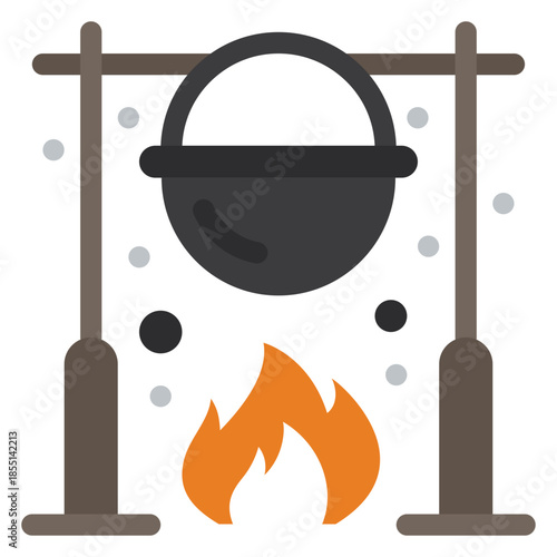 Campfire Cooking: A simple, inviting image of a classic campfire setup, featuring a cooking pot suspended over a blazing fire, ready for a warm meal under the stars. 