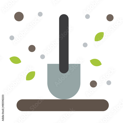 Shovel in Garden: A symbolic representation of gardening, featuring a shovel plunged into the soil amidst falling leaves and particles, suggesting the nurturing process of growing.
