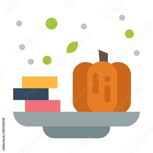 Harvest Display: A vibrant, stylized illustration of a pumpkin and accompanying ingredients, arranged on a modern plate, celebrating the essence of autumn's bounty.
