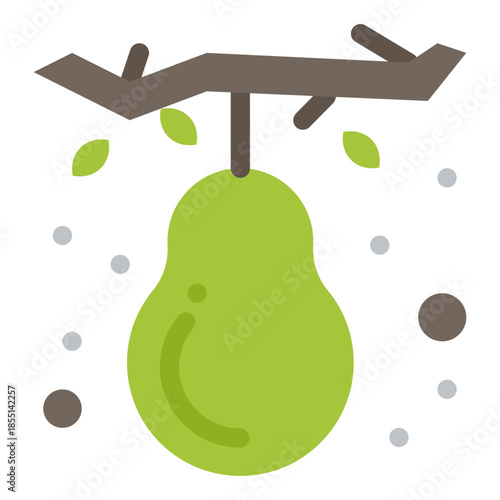 Simple Pear on Branch: A simple, isolated illustration showcases a single, ripe pear hanging from a tree branch, accentuated by a few leaves and subtle background elements.