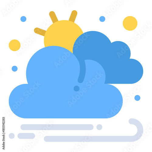 Sunshine Amidst Clouds: A bright yellow sun peeks out from behind fluffy, blue clouds, as light-blue raindrops and gentle wind streaks across the sky, painting a serene scene of gentle weather.