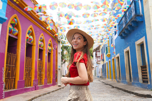 Tourism in Olinda, Brazil. Portrait of tourist woman visiting Olinda the city of famous Brazilian Carnival.
