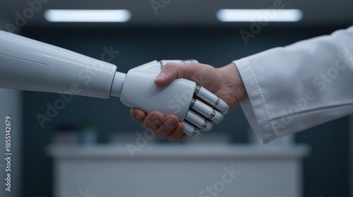 Connected health systems, A robotic hand shakes hands with a human hand, symbolizing collaboration between technology and healthcare in a modern environment.
