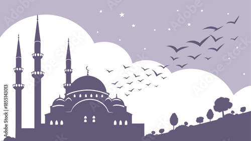 Majestic mosque silhouette at twilight with birds soaring under a starlit sky