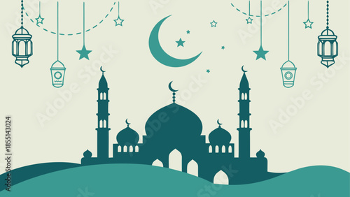 Islamic mosque silhouette with crescent moon and decorative lanterns for religious holidays