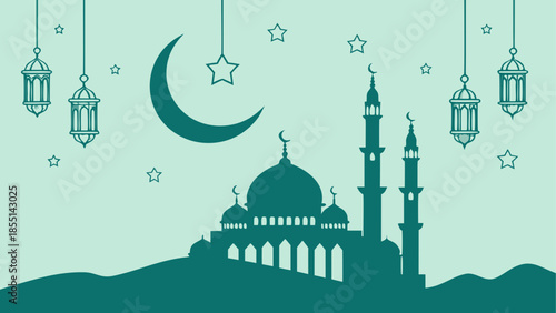 Islamic mosque silhouette with crescent moon, stars, and lanterns for eid al-fitr