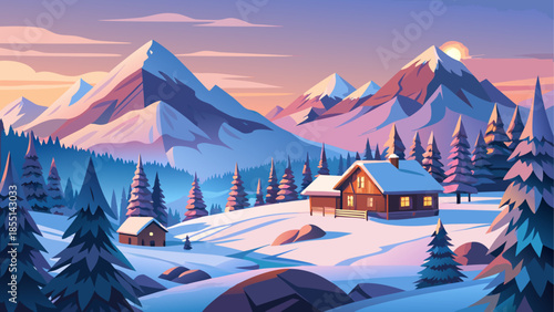 Cozy wooden cabin nestled in a serene snow-covered mountain landscape at sunrise