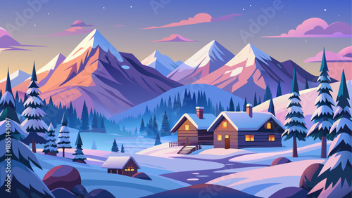 Cozy winter wonderland scene with cabins nestled in snow-covered mountains and evergreen trees