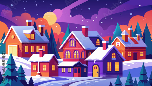 Vibrant winter village scene at night with colorful houses under a glowing moon
