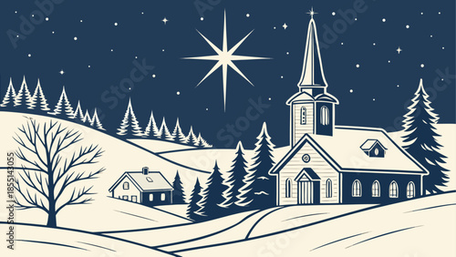 A serene winter night scene with a church, village, and a brilliant star above snowy hills