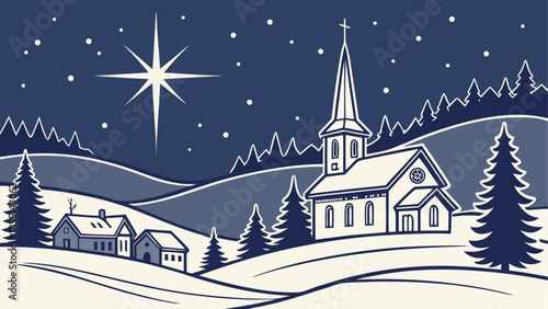 A serene winter night with a charming village church under a radiant guiding star