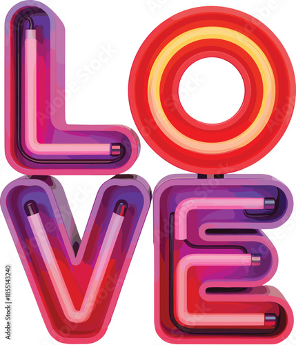 Glowing neon love text logo with retro pink light tubes and colorful stacked ring effect