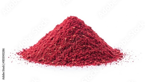 A vibrant pile of crimson red powder, possibly sumac or a dried berry blend, on a clean white background