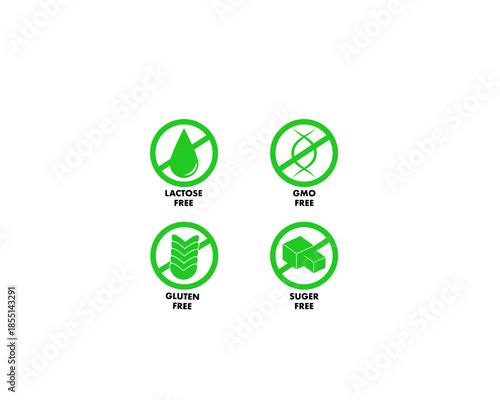 Dietary labels vector icons, green, gluten-free sugar-free lactose-free GMO-free