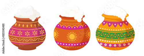 set of pot s with  pongal or white butter or milk isolated 