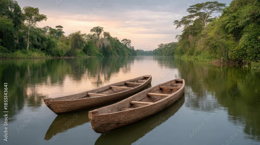 Fototapeta premium Serene River Landscape with Two Wooden Canoes Under Soft Morning Light in Lush Green Jungle Setting
