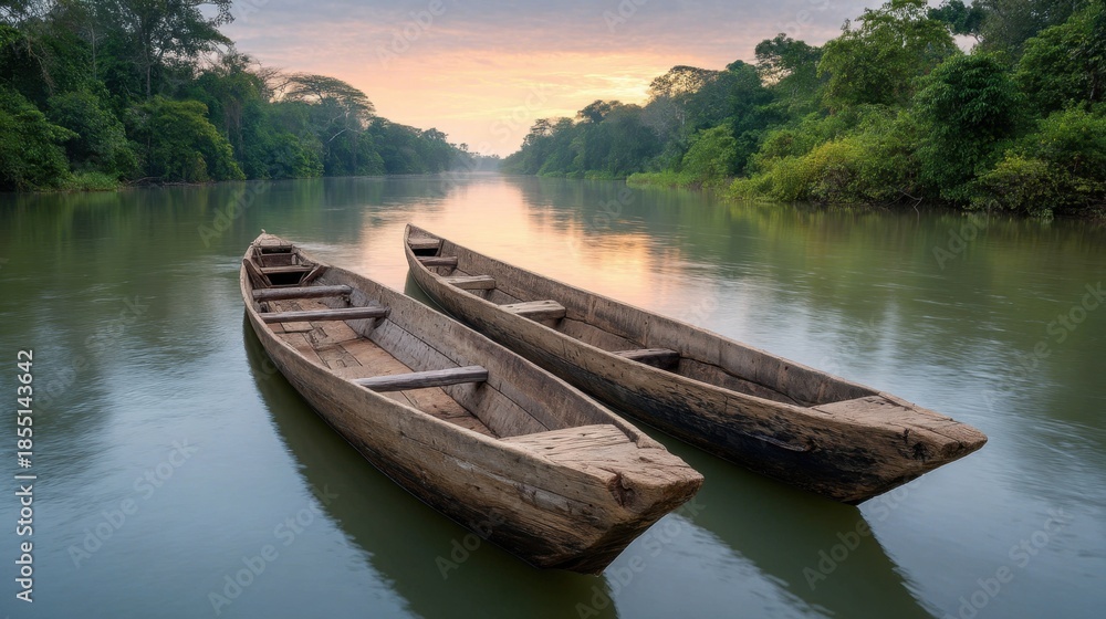 Obraz premium Tranquil Evening on a Serene River Featuring Two Traditional Wooden Boats Amidst Lush Greenery and a Beautiful Sunset Sky