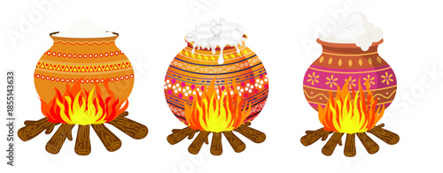 set of pot with pongal milk, on fire for makarsankranti pongal 