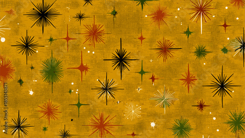 Retro mid-century modern starburst pattern on a textured mustard yellow background.