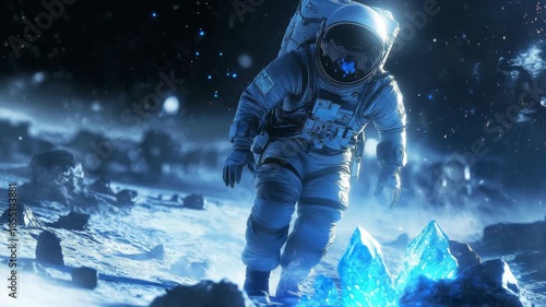 Astronaut explores alien moon surface illuminated by mysterious blue crystal glow