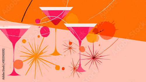 Three vibrant pink cocktails in martini glasses.