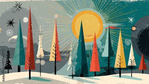 Stylized winter forest scene with abstract trees and a radiant sun.