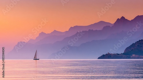 Serene sailboat glides across calm water against layered mountain silhouettes at sunset